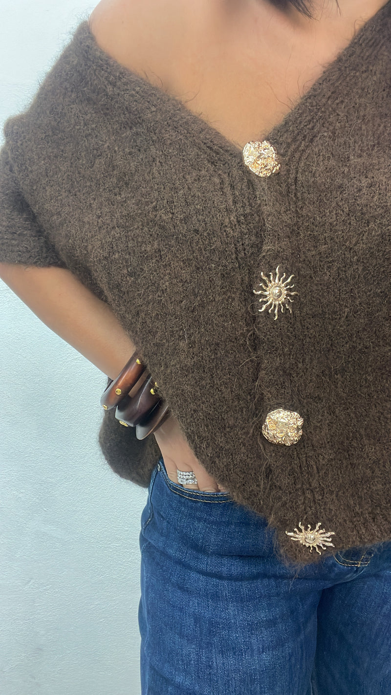Cardigan mezza manica con bottoni oro in due colori