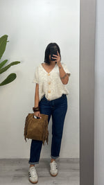 Cardigan mezza manica con bottoni oro in due colori