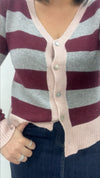 Cardigan righe bordeaux e grigio